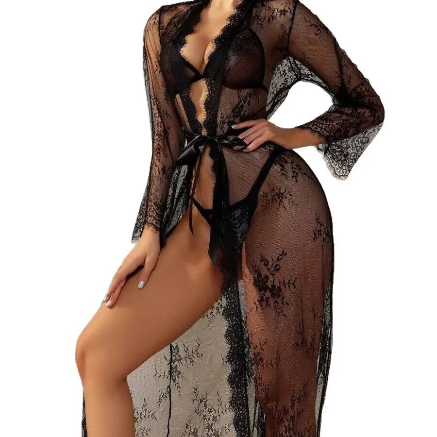 Kimono Sheer Floral - 여성용 블랙 레이스 시스루 롱 로브,
