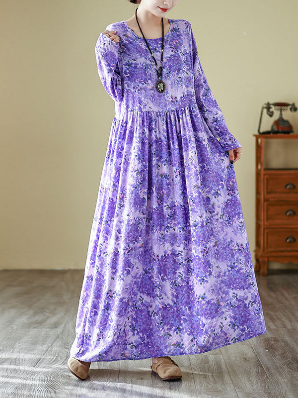 Linen Dress Wrap - 봄 신상 라운드넥 롱 원피스 퍼플