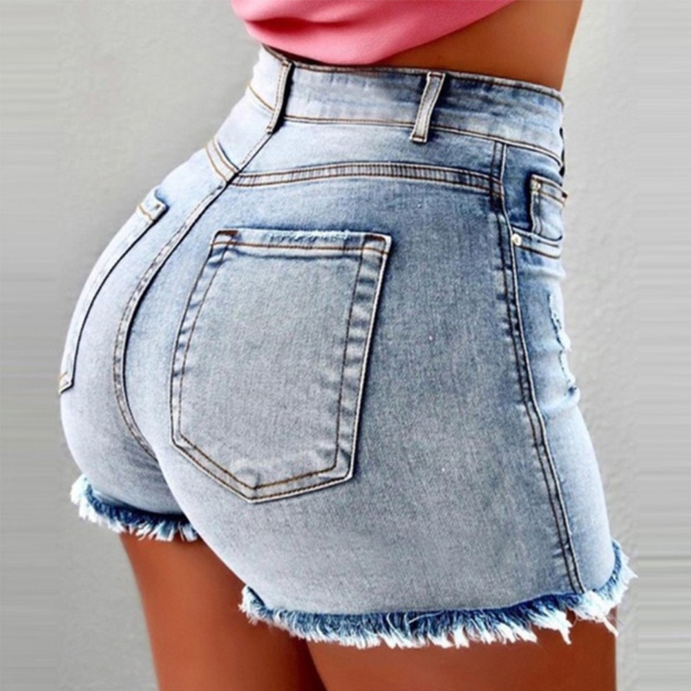 Shorts Denim Frayed - 여성용 하이 웨이스트 디스트레스드 립드 데님