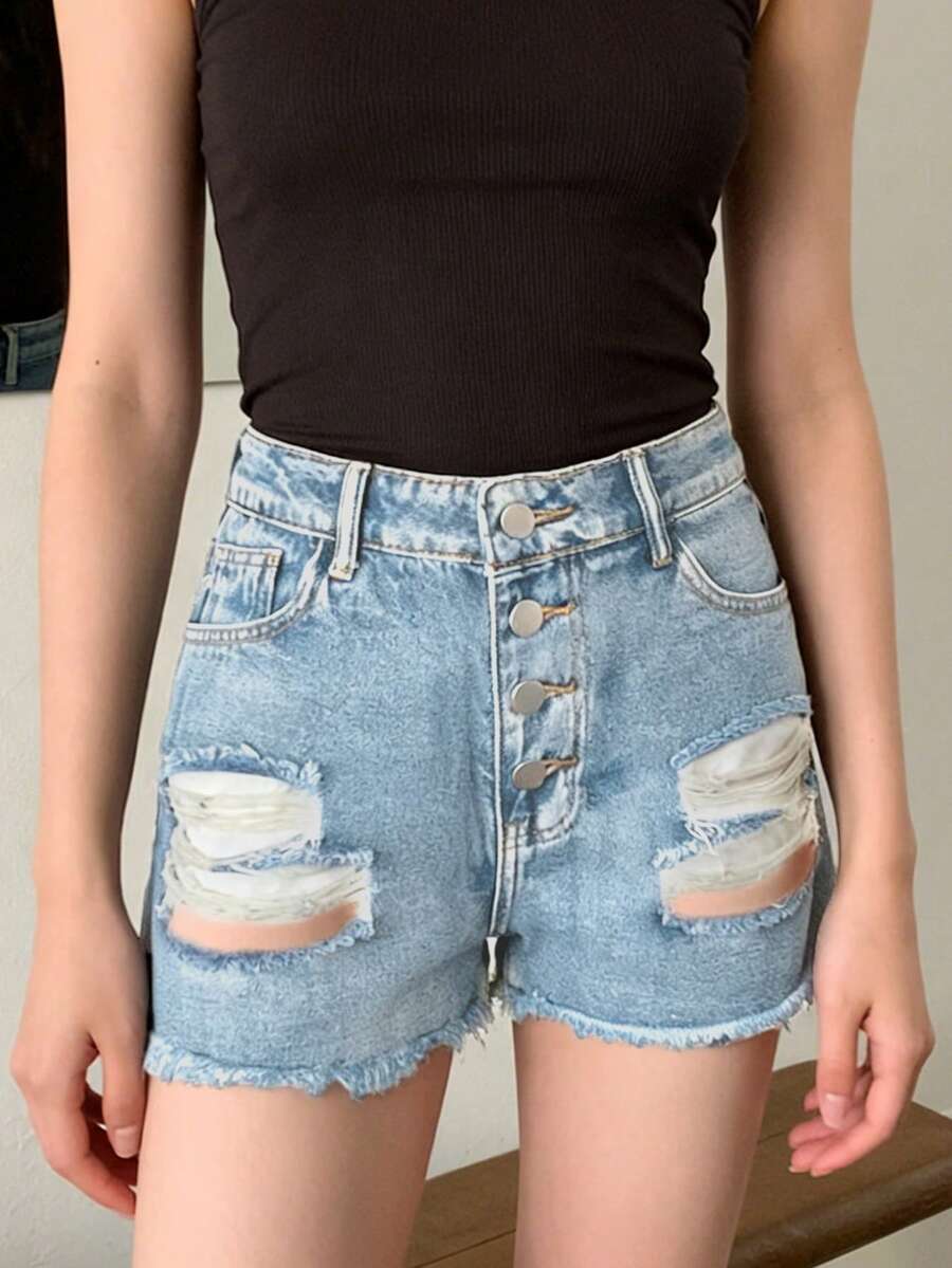 Shorts Denim Frayed - 여성용 미드라이즈 디스트레스드 프레이드 데님 반바지
