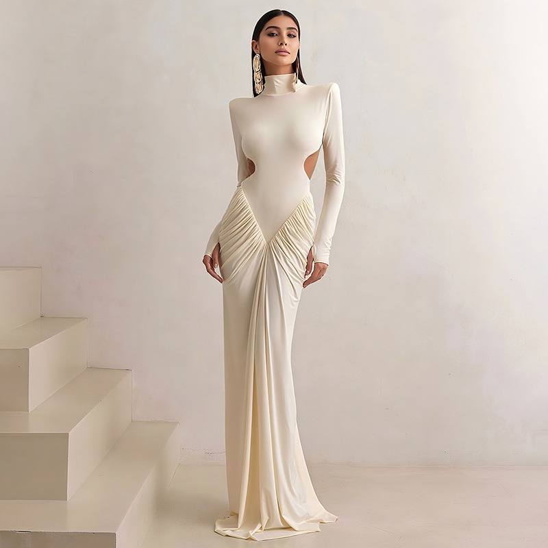 Maxi Dress Halter - 여성 백리스 롱 드레스 터틀넥 이브닝