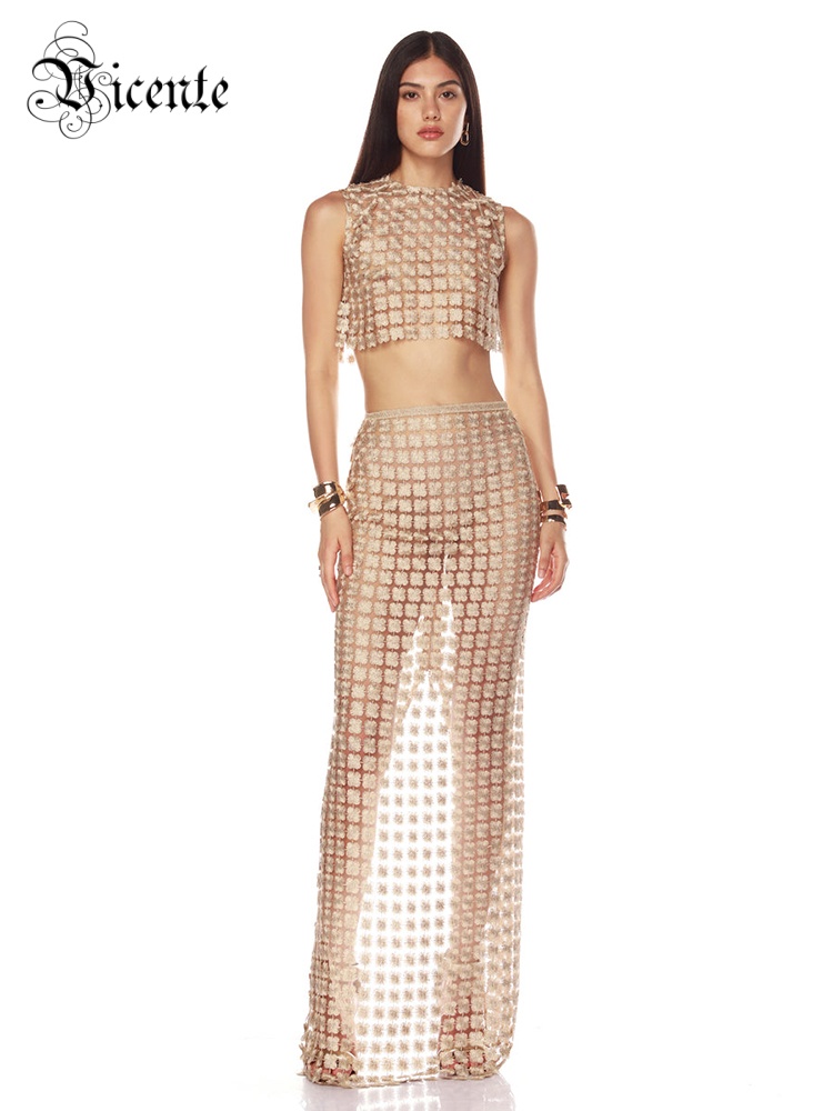 Crop Top Crochet - VC 세련된 베이지 민소매 크롭 탑