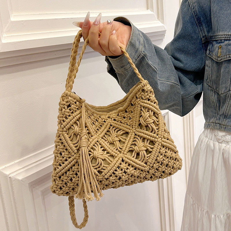 Crochet Bag Raffia - 패션 짠 중공 어깨 가방 짚