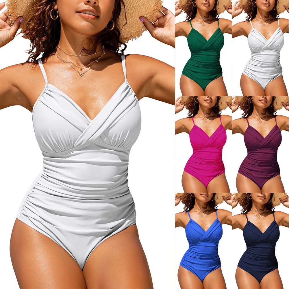 Swimsuit Bikini Ruched - 여성 비키니 탱키니 수영복 솔리드 V넥