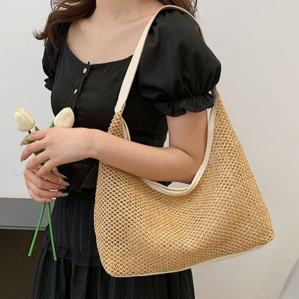 Tote Bag Beach - 귀여운 단색 직조 밀짚 가방 보헤미안