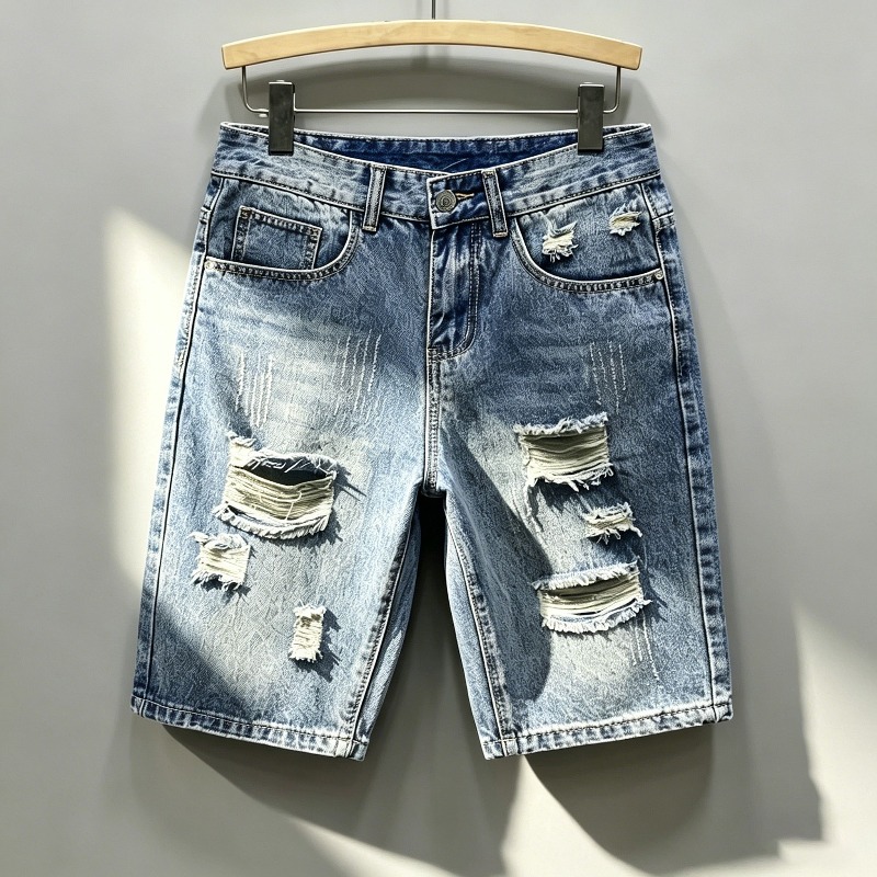 Shorts Denim Frayed - 남성 한국 스타일 디스트레스드 데님 반바지