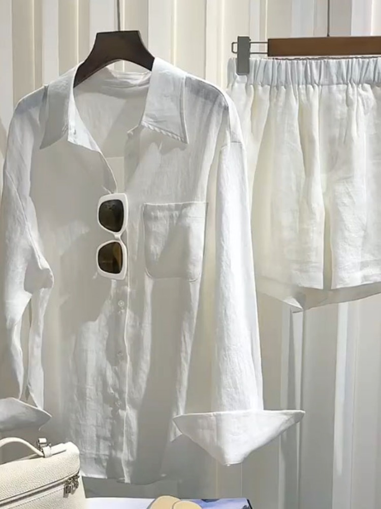 Linen Pant Wide - 여름 여성 린넨 셔츠 세트 루즈핏