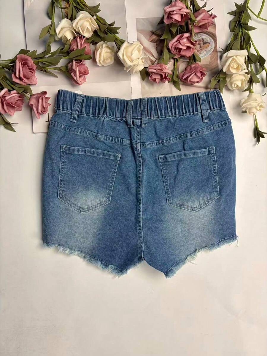 Shorts Denim Frayed - 여성용 신축성 있는 허리끈이 달린 데님