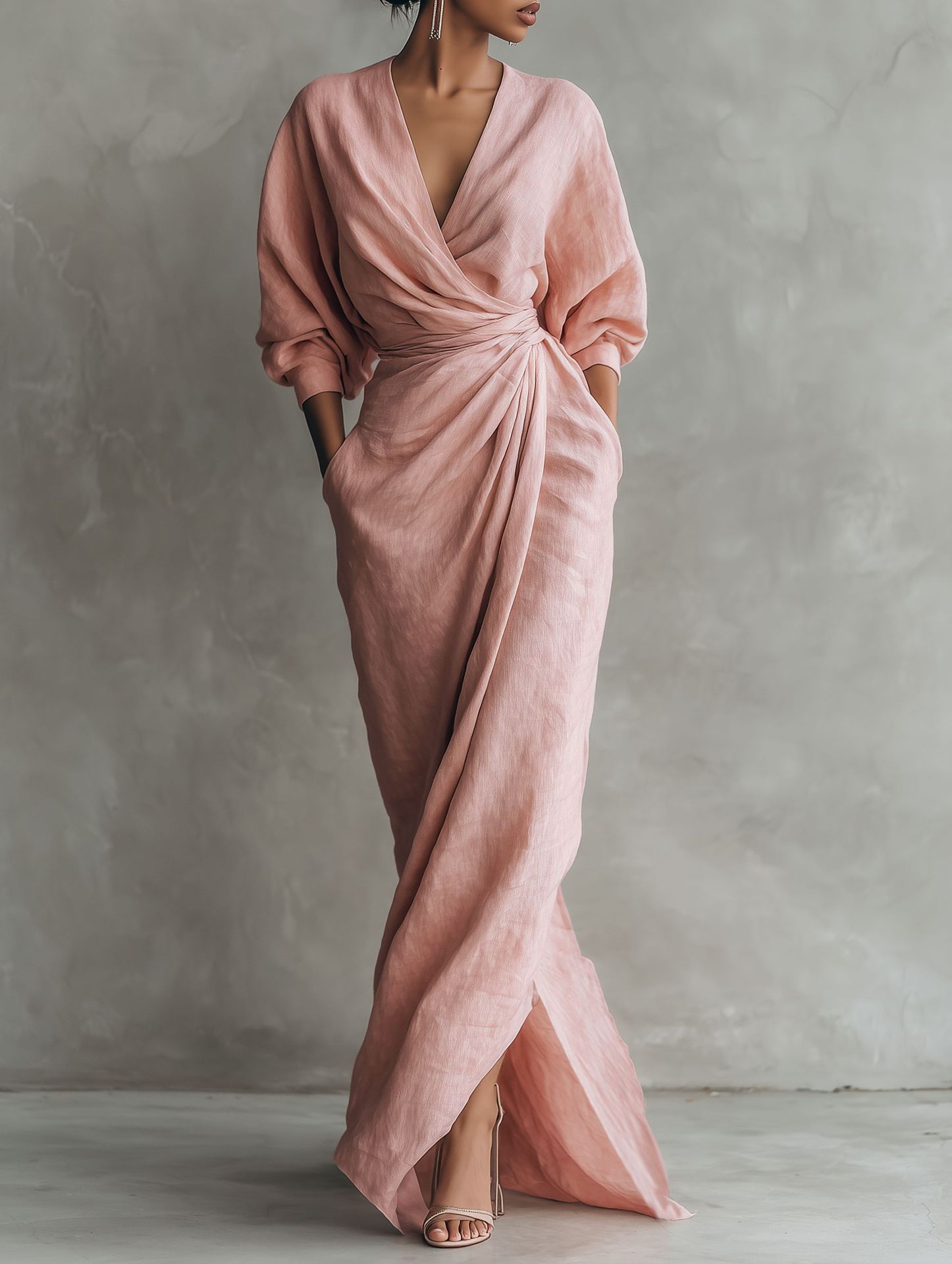 Linen Dress Wrap - 여성 린넨 블렌드 랩 맥시 드레스