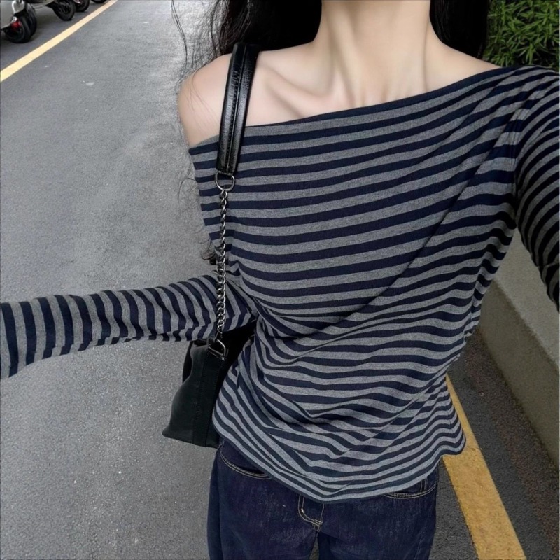 Blouse Off Shoulder - 여성 빈티지 스트라이프 오프숄더 긴팔 탑