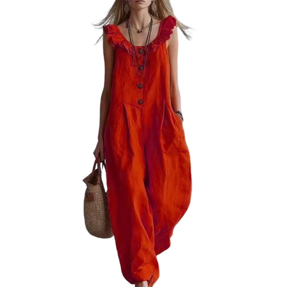 Jumpsuit Linen Relaxed - 릴렉스 핏 롬퍼 여성용 러플 크루넥