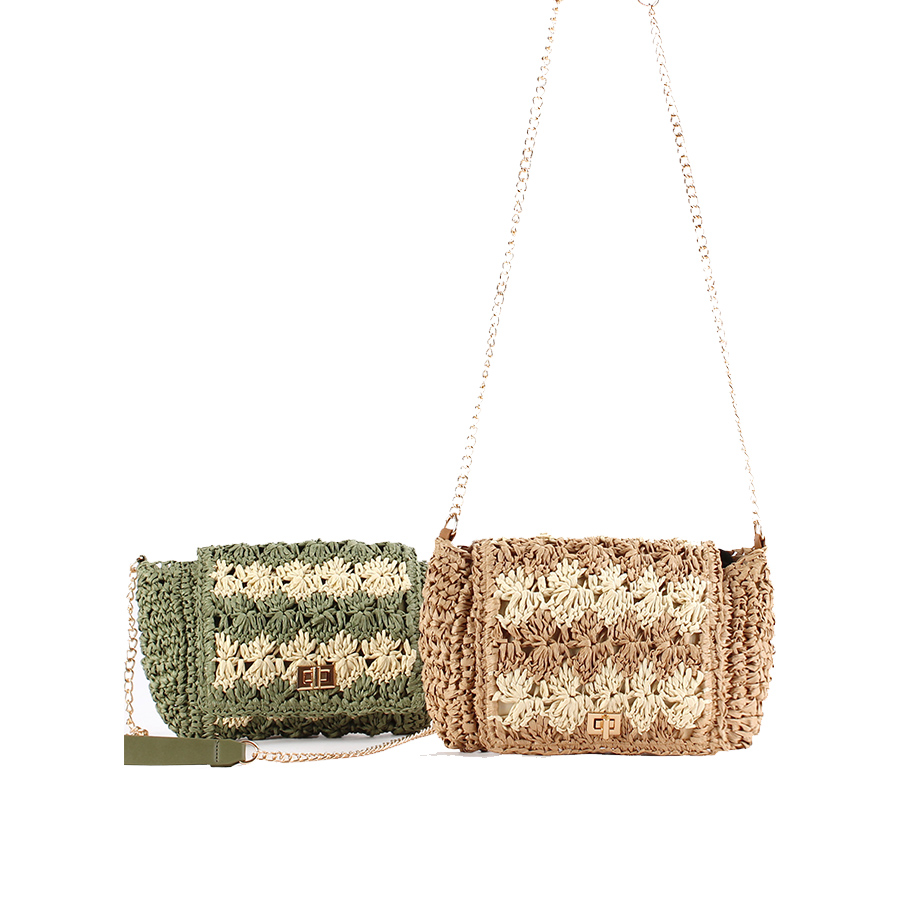 Crochet Bag Raffia - 여성용 밀짚 크로스백, 여름 패치워크 숄더백,
