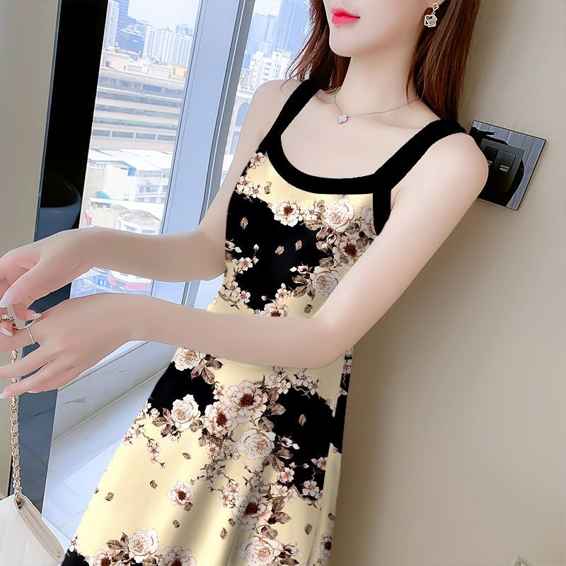 Midi Skirt Floral - 여성용 꽃 프린트 스위트 스트랩 민소매