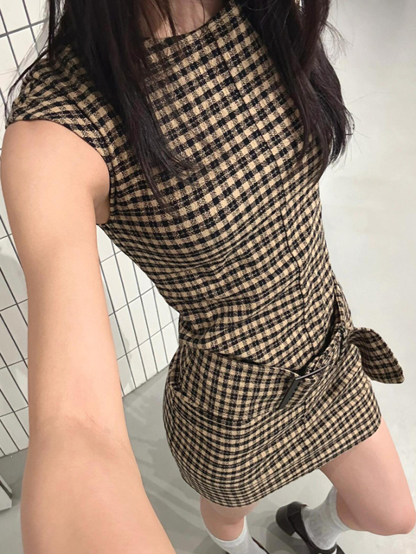 Linen Dress Wrap - 레트로 한국 체크 슬리밍 베스트 드레스