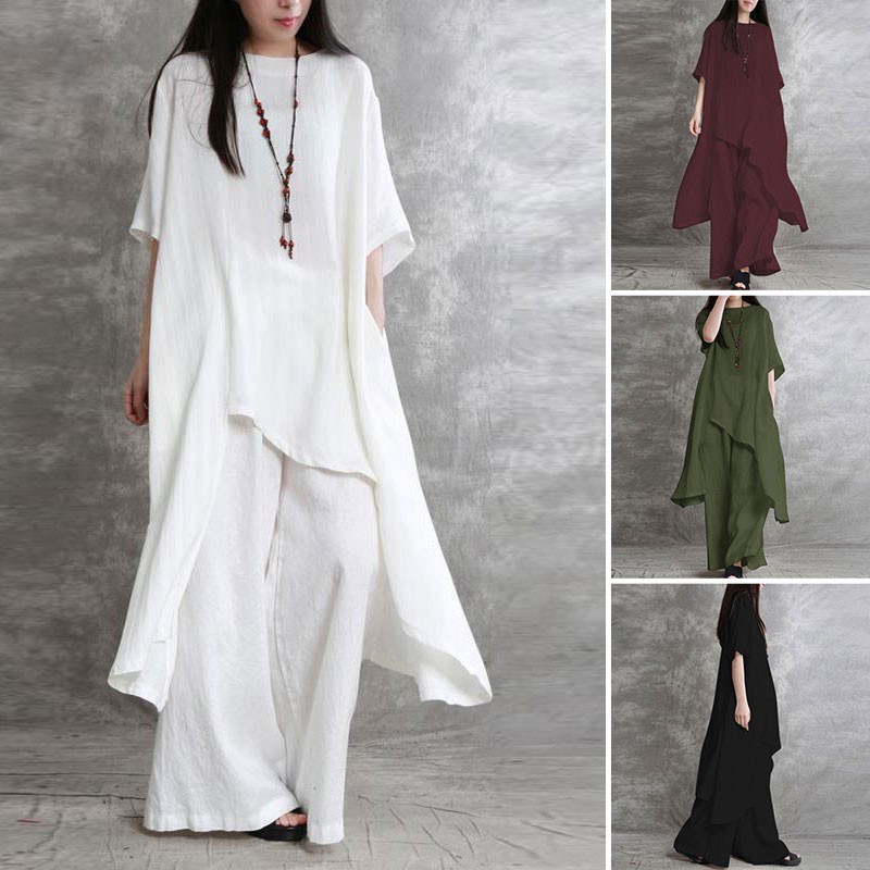 Linen Pant Wide - 여성 코튼 린넨 투피스 세트, 운동복