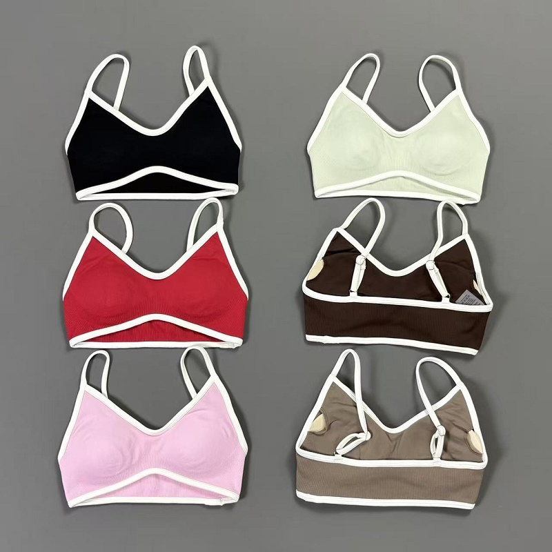 Crop Top Crochet - 여성용 콘트라스트라인 요가 브라 V넥 화이트