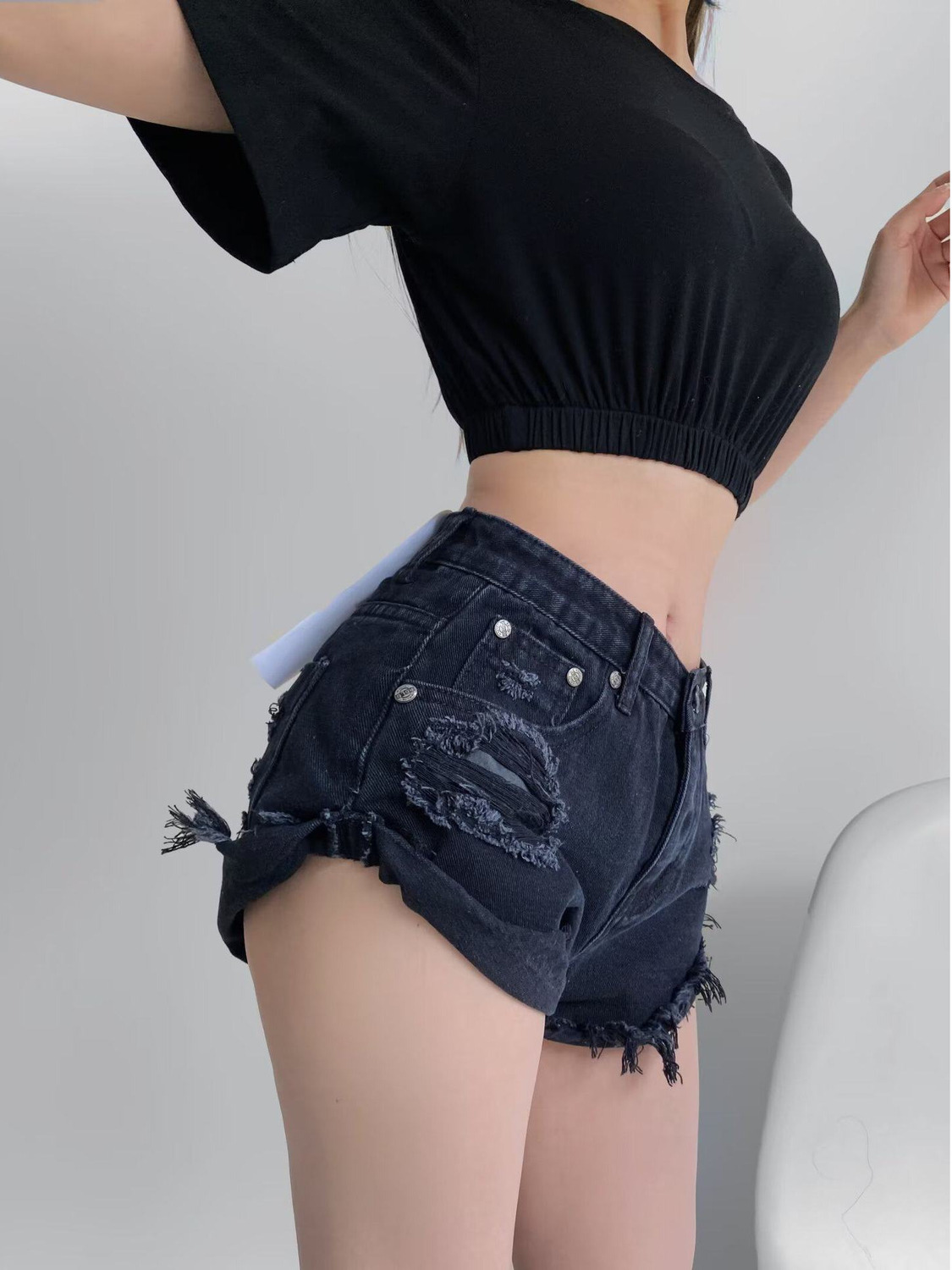 Shorts Denim Frayed - 여성용 로우 웨이스트 디스트레스드 데님 반바지