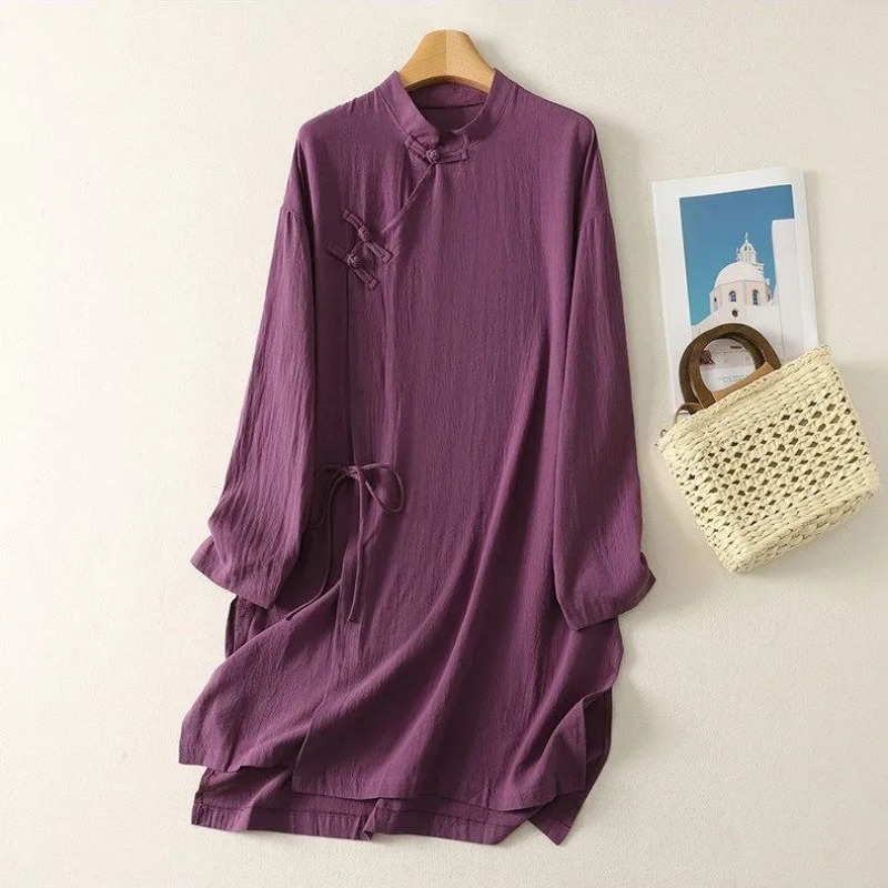 Linen Dress Wrap - 여성용 중국풍 개구리 단추 리넨 튜닉