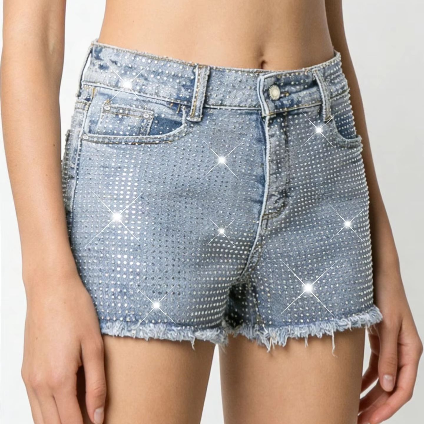 Shorts Denim Frayed - 2026 새로운 풀-비쥬 장식 탄성 블루
