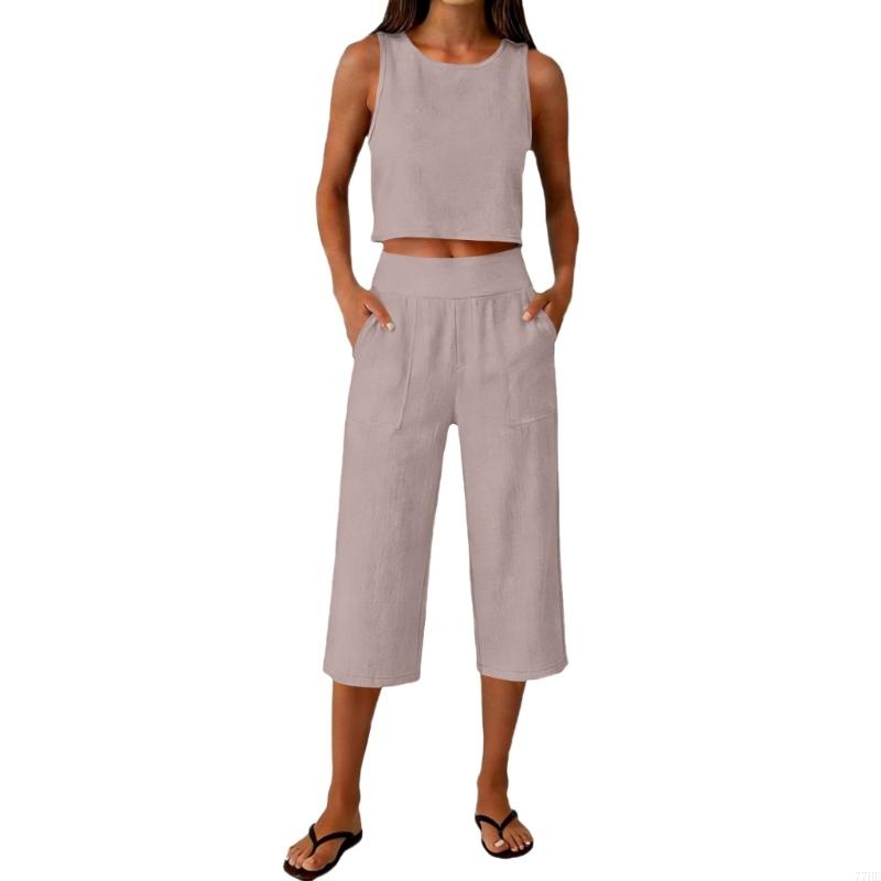 Linen Pant Wide - 77HE 여성용 2 피스 복장 민소매