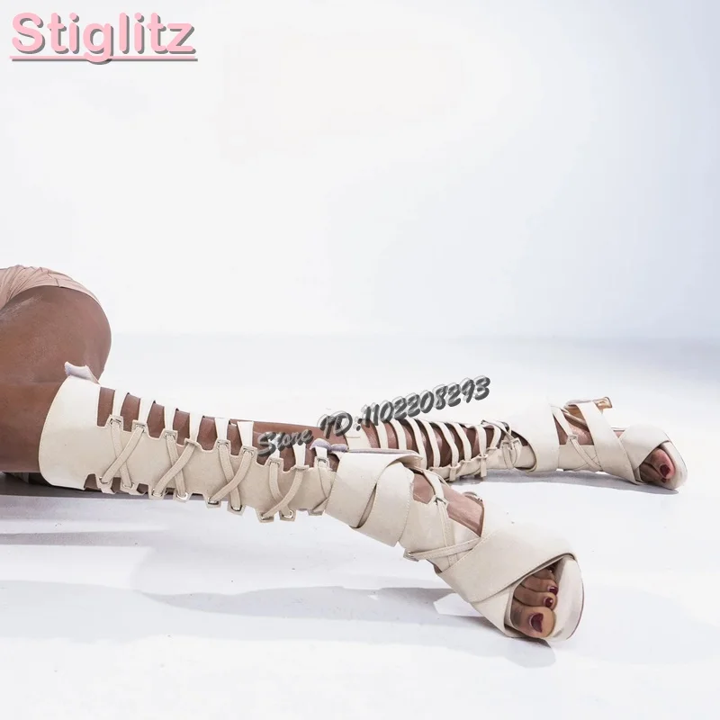 Sandal Strappy Heeled - 레트로 크로스 타이 로마 샌들 솔리드