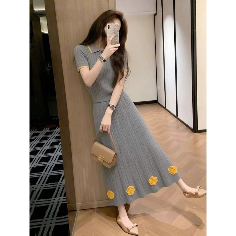 Midi Skirt Floral - 여성용 플로럴 니트 투피스 세트 폴로넥