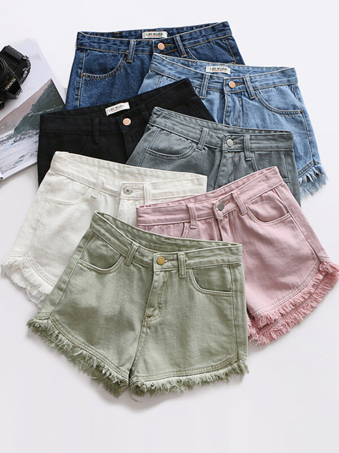 Shorts Denim Frayed - 여성용 하이웨이스트 데님 반바지 빈티지 워싱