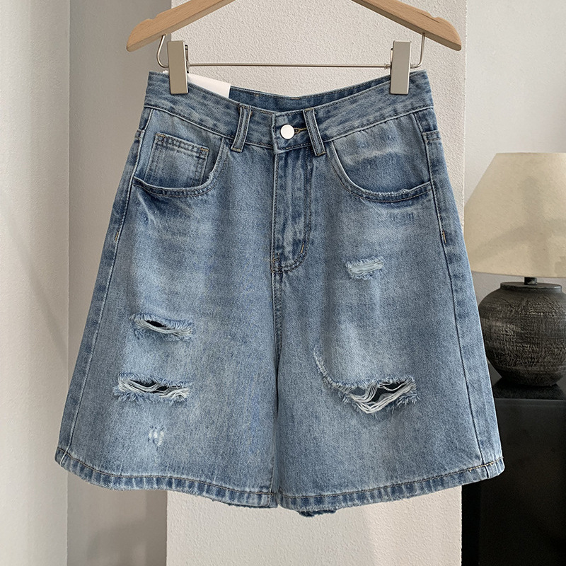 Shorts Denim Frayed - 데님 반바지 여성 청바지 빈티지 스트레이트