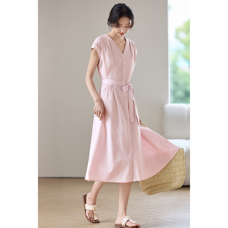 Linen Dress Wrap - SENTUBILA 여성용 미디 핑크 드레스 코튼