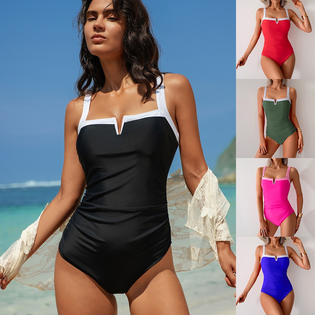 Swimsuit Bikini Ruched - 수영복 여성 원피스 수영복 민소매 V