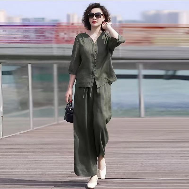 Linen Pant Wide - 코튼 린넨 여성 투피스 세트, 루즈하고