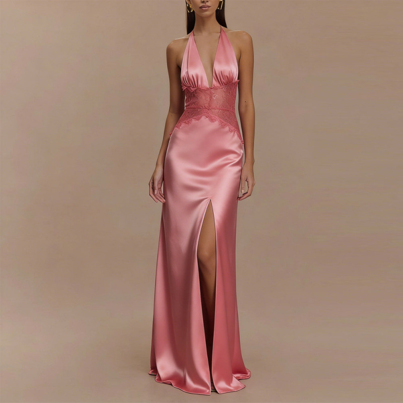 Maxi Dress Halter - 섹시한 백리스 홀터 맥시 드레스 핑크