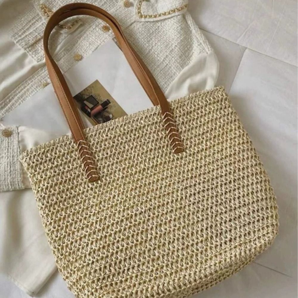 Tote Bag Beach - 귀여운 단색 직조 밀짚 토트백 사각형
