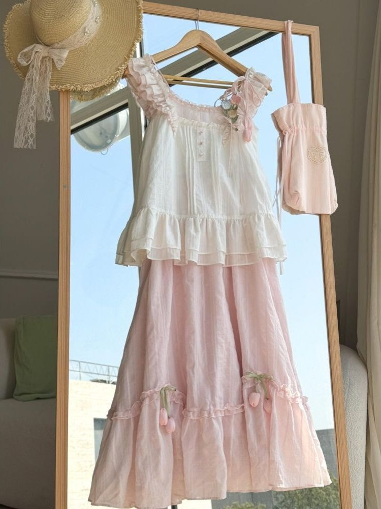 Midi Skirt Floral - Sweet Kawaii Ruffle Trim 튤립 장식