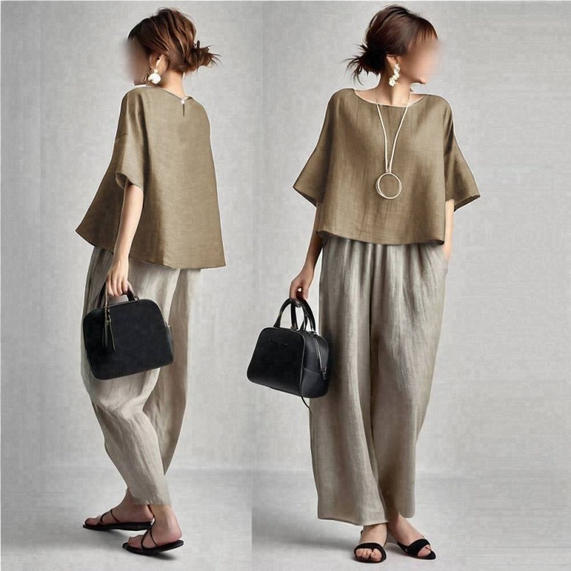 Linen Pant Wide - 투피스 여성 팬츠 세트 솔리드 매칭