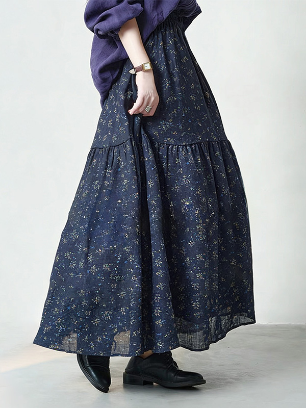 Midi Skirt Floral - 플로럴 프린트 하이웨이스트 A라인 미디 스커트