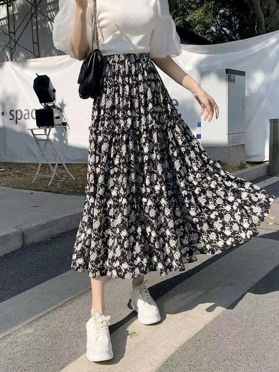 Midi Skirt Floral - 플로럴 프린트 A라인 미디 스커트 플러스