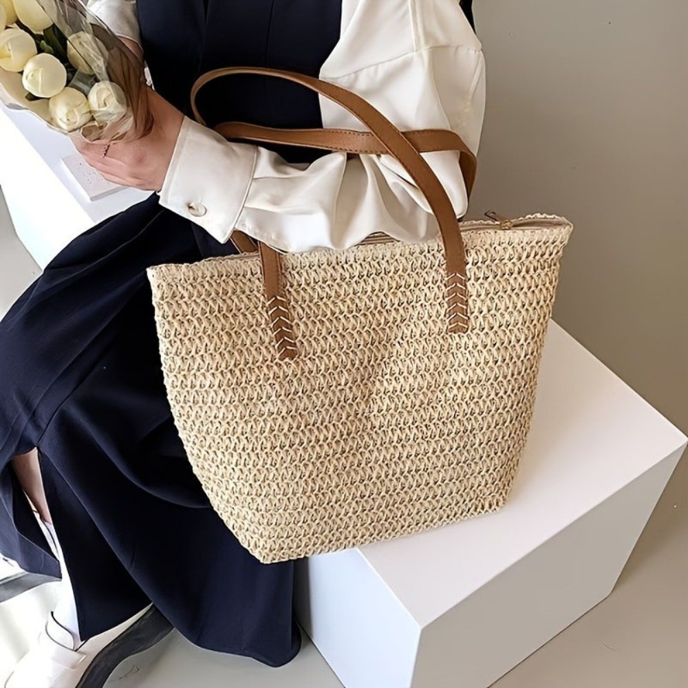 패션 솔리드 컬러 위빙 스트로 토트백 사각 지퍼 비치  - Tote Bag Beach 리뷰 및 가격
