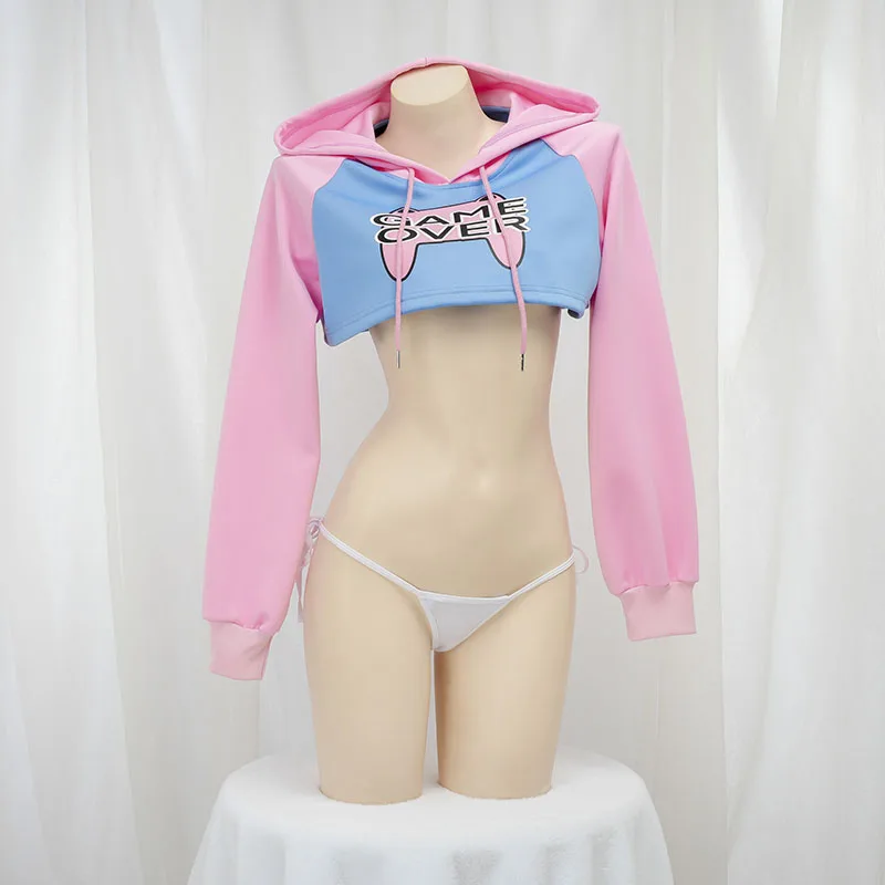 귀여운 긴팔 크롭탑 후드티 핑크 블루 매칭 스타일 여학 - Crop Top Crochet 리뷰 및 가격