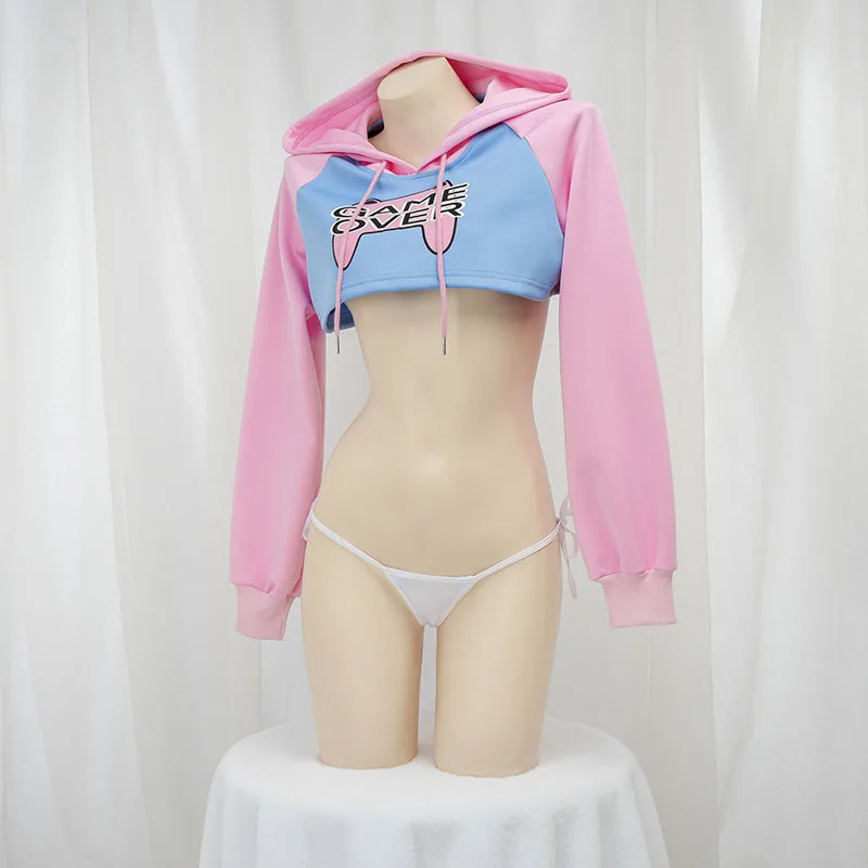 귀여운 긴팔 크롭탑 후드티 핑크 블루 매칭 스타일 여학 - Crop Top Crochet 리뷰 및 가격
