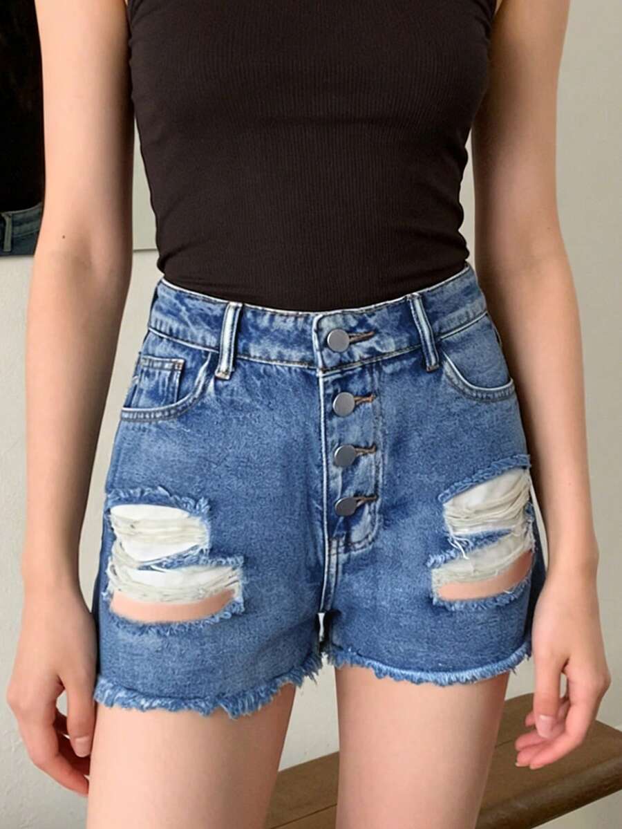 여성용 미드라이즈 디스트레스드 프레이드 데님 반바지 ( - Shorts Denim Frayed 리뷰 및 가격