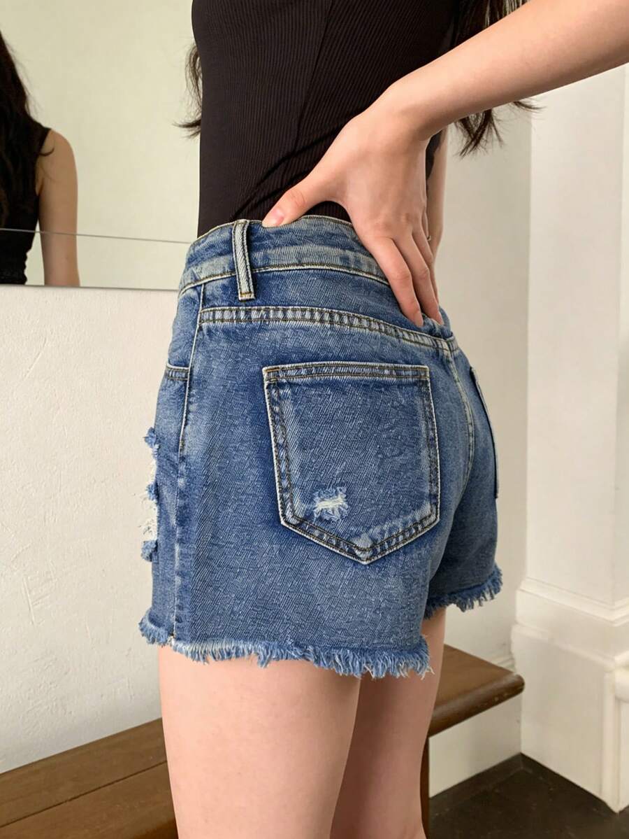 여성용 미드라이즈 디스트레스드 프레이드 데님 반바지 ( - Shorts Denim Frayed 리뷰 및 가격