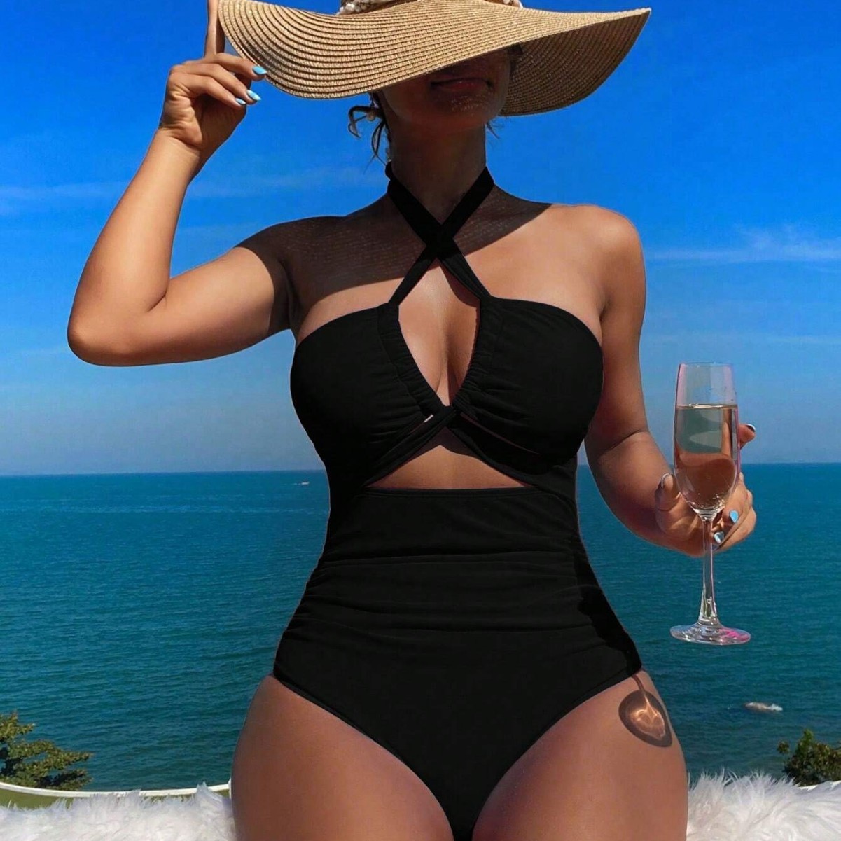 여성 수영복 홀터넥 솔리드 수영복 백리스 허리 조절 가 - Swimsuit Bikini Ruched 리뷰 및 가격