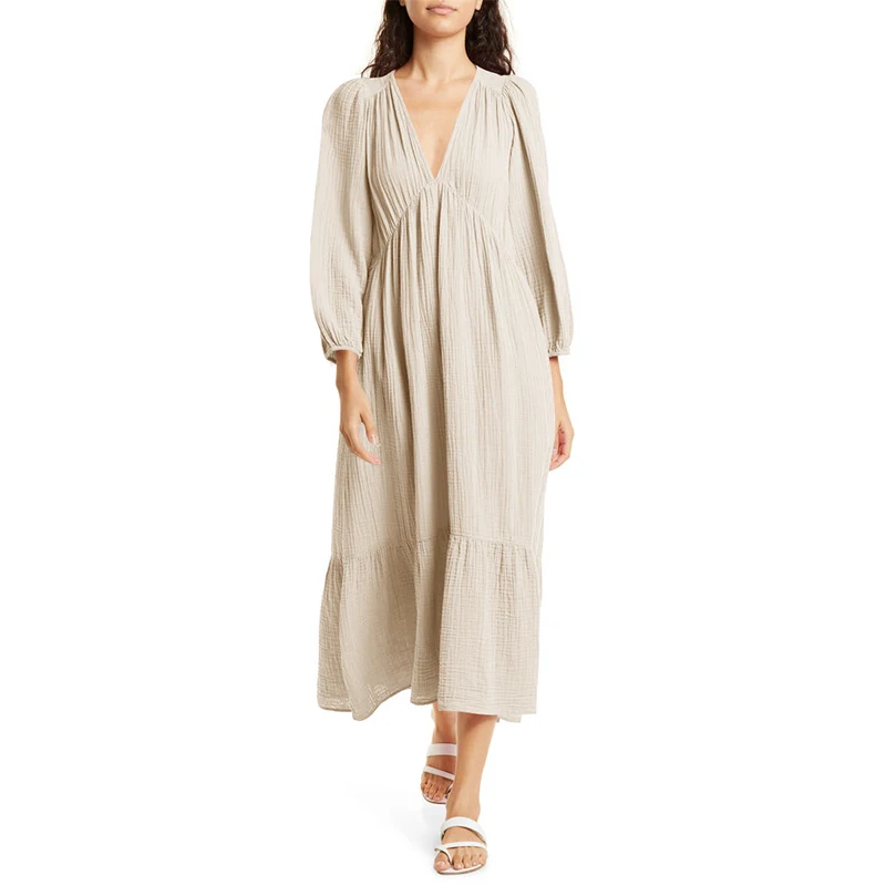 Muslin 여성용 긴 소매 드레스, 섹시한 V넥 단색 - Linen Dress Wrap 리뷰 및 가격