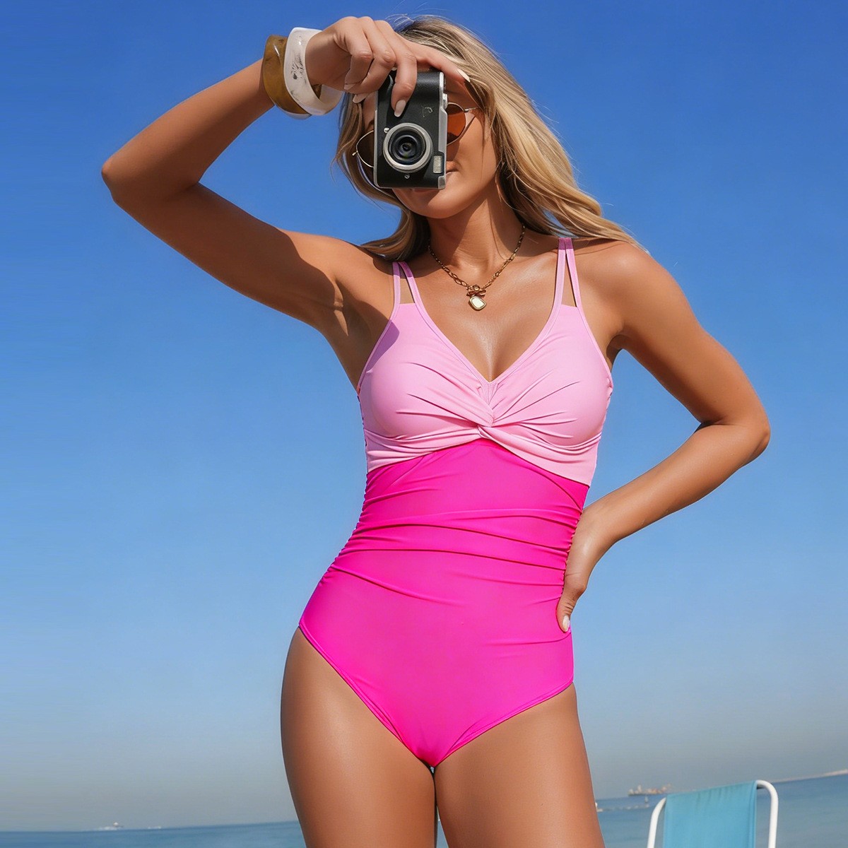 V넥 트위스트 프론트 원피스 수영복 민소매 솔리드 컬러 - Swimsuit Bikini Ruched 리뷰 및 가격