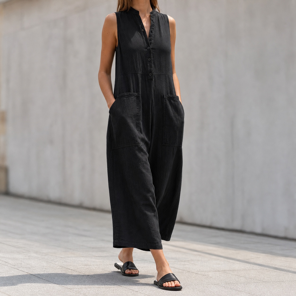 여성용 민소매 만다린 칼라 루즈핏 솔리드 컬러 리넨 코 - Jumpsuit Linen Relaxed 리뷰 및 가격