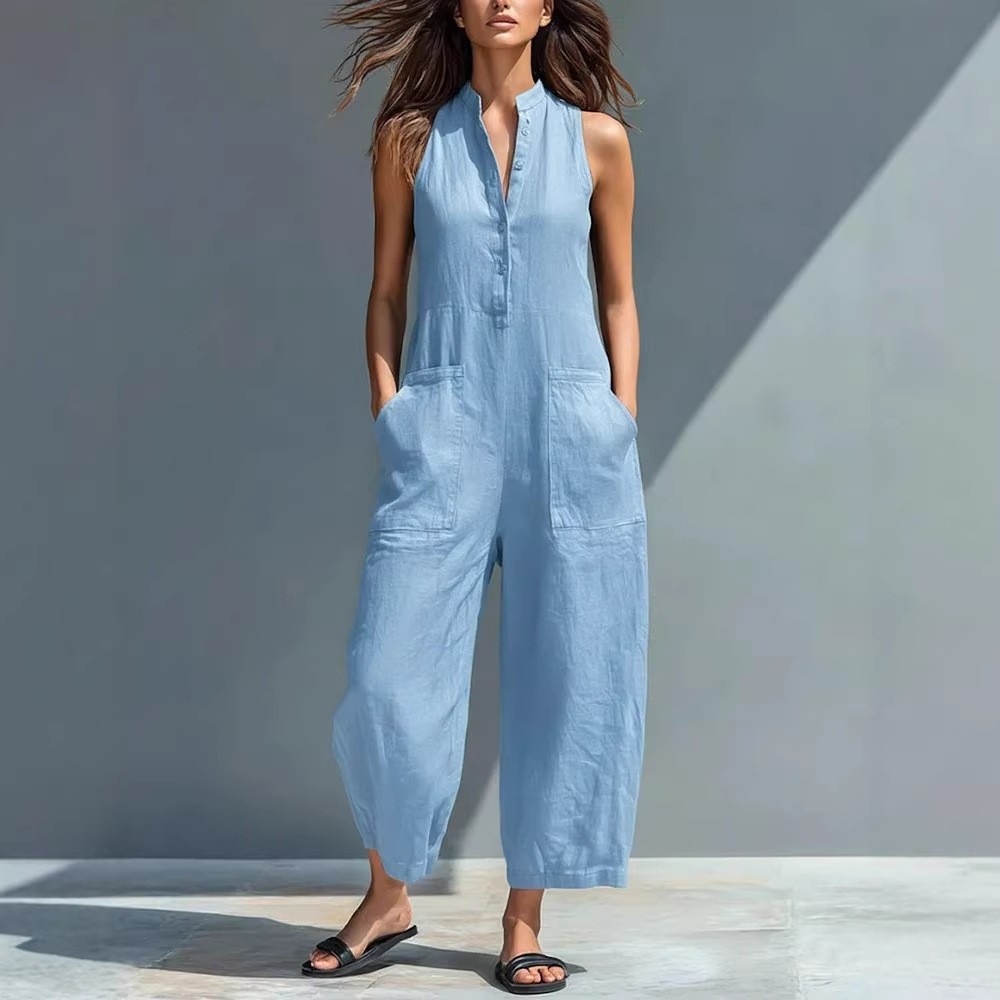 여성용 민소매 만다린 칼라 루즈핏 솔리드 컬러 리넨 코 - Jumpsuit Linen Relaxed 리뷰 및 가격