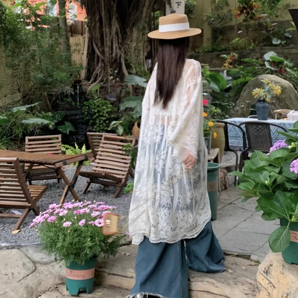 가벼운 레이스업 레이스 블라우스 자수 루즈핏 시스루 커 - Kimono Sheer Floral 리뷰 및 가격