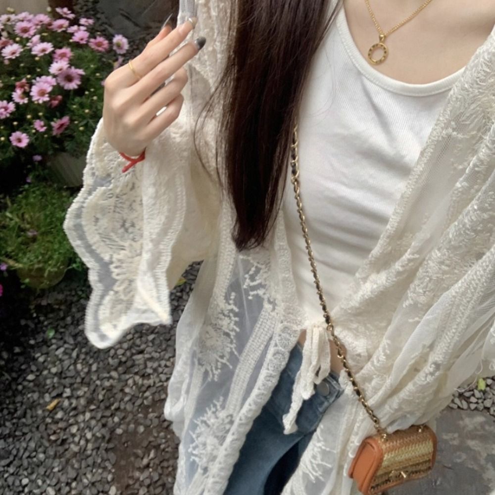 가벼운 레이스업 레이스 블라우스 자수 루즈핏 시스루 커 - Kimono Sheer Floral 리뷰 및 가격