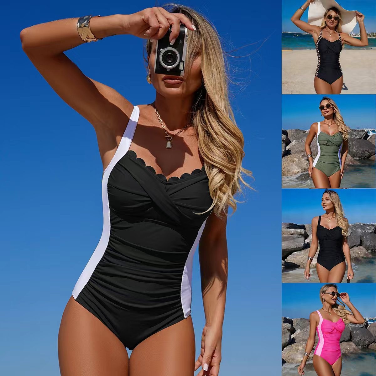 블랙 스캘럽 네크라인 트위스트 프론트 올리브 그린 원피 - Swimsuit Bikini Ruched 리뷰 및 가격